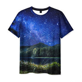 Мужская футболка 3D с принтом Ночная природа , 100% полиэфир | прямой крой, круглый вырез горловины, длина до линии бедер | горы | звезды | небо | озеро | природа