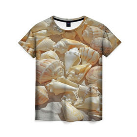 Женская футболка 3D с принтом ракушки на песке , 100% полиэфир ( синтетическое хлопкоподобное полотно) | прямой крой, круглый вырез горловины, длина до линии бедер | лето | море | песок | пляж | ракушки