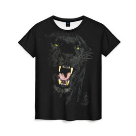 Женская футболка 3D с принтом Чёрная пантера , 100% полиэфир ( синтетическое хлопкоподобное полотно) | прямой крой, круглый вырез горловины, длина до линии бедер | Тематика изображения на принте: кошка | оскал | пантера | прикольные картинки