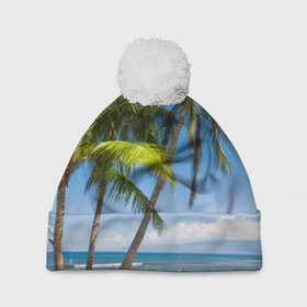 Шапка 3D c помпоном с принтом Пальмы , 100% полиэстер | универсальный размер, печать по всей поверхности изделия | море | отдых | отпуск | пальмы | пляж | солнце | туризм