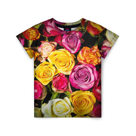 Детская футболка 3D с принтом Розы , 100% гипоаллергенный полиэфир | прямой крой, круглый вырез горловины, длина до линии бедер, чуть спущенное плечо, ткань немного тянется | букет | растения | розы | цветы