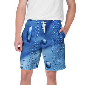 Мужские шорты 3D с принтом Капли воды на стекле ,  полиэстер 100% | прямой крой, два кармана без застежек по бокам. Мягкая трикотажная резинка на поясе, внутри которой широкие завязки. Длина чуть выше колен | вода | капли | крупные | мелкие | синий | стекло