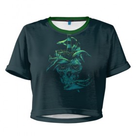 Женская футболка 3D укороченная с принтом Sea of Whales , 100% полиэстер | круглая горловина, длина футболки до линии талии, рукава с отворотами | 