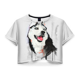 Женская футболка 3D укороченная с принтом Хаски , 100% полиэстер | круглая горловина, длина футболки до линии талии, рукава с отворотами | голова животного | кутёнок | прикольные картинки | собака | щенок