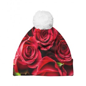Шапка 3D c помпоном с принтом Розы , 100% полиэстер | универсальный размер, печать по всей поверхности изделия | красный | лепестки | прикольные картинки | розы | цветочки | цветы