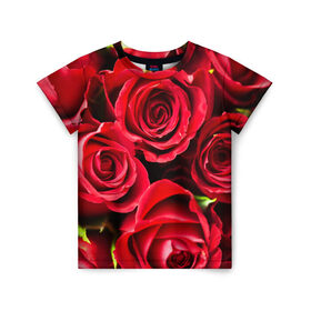 Детская футболка 3D с принтом Розы , 100% гипоаллергенный полиэфир | прямой крой, круглый вырез горловины, длина до линии бедер, чуть спущенное плечо, ткань немного тянется | красный | лепестки | прикольные картинки | розы | цветочки | цветы