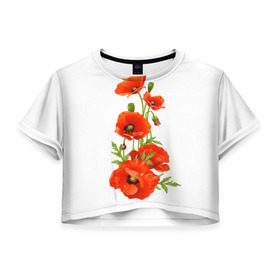 Женская футболка 3D укороченная с принтом Маки , 100% полиэстер | круглая горловина, длина футболки до линии талии, рукава с отворотами | field | flowers | poppies | poppy | red | wild | красные | мак | маки | поле | полевые | цветы