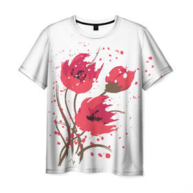 Мужская футболка 3D с принтом Маки , 100% полиэфир | прямой крой, круглый вырез горловины, длина до линии бедер | art | drawing | flowers | poppies | poppy | red | wild | wind | арт | ветер | красные | мак | маки | полевые | рисунок | цветы