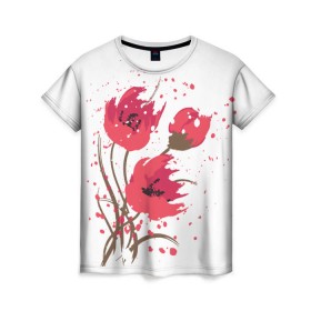 Женская футболка 3D с принтом Маки , 100% полиэфир ( синтетическое хлопкоподобное полотно) | прямой крой, круглый вырез горловины, длина до линии бедер | art | drawing | flowers | poppies | poppy | red | wild | wind | арт | ветер | красные | мак | маки | полевые | рисунок | цветы