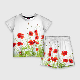 Детский костюм с шортами 3D с принтом Маки ,  |  | field | flowers | meadow | nature | poppies | poppy | red | summer | wild | красные | лето | луг | мак | маки | поле | полевые | природа | цветы