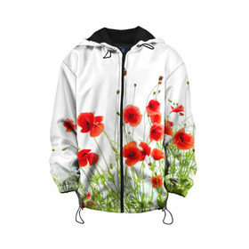 Детская куртка 3D с принтом Маки , 100% полиэстер | застежка — молния, подол и капюшон оформлены резинкой с фиксаторами, по бокам — два кармана без застежек, один потайной карман на груди, плотность верхнего слоя — 90 г/м2; плотность флисового подклада — 260 г/м2 | Тематика изображения на принте: field | flowers | meadow | nature | poppies | poppy | red | summer | wild | красные | лето | луг | мак | маки | поле | полевые | природа | цветы