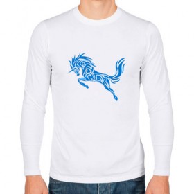 Мужской лонгслив хлопок с принтом Blue unicorn , 100% хлопок |  | вектор | грива | единорог | животное | конь | прыгающий | рог | синий | скачущий | существо | тату