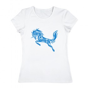 Женская футболка хлопок с принтом Blue unicorn , 100% хлопок | прямой крой, круглый вырез горловины, длина до линии бедер, слегка спущенное плечо | вектор | грива | единорог | животное | конь | прыгающий | рог | синий | скачущий | существо | тату