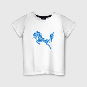 Детская футболка хлопок с принтом Blue unicorn , 100% хлопок | круглый вырез горловины, полуприлегающий силуэт, длина до линии бедер | вектор | грива | единорог | животное | конь | прыгающий | рог | синий | скачущий | существо | тату