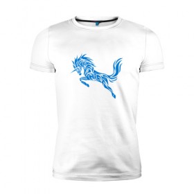 Мужская футболка премиум с принтом Blue unicorn , 92% хлопок, 8% лайкра | приталенный силуэт, круглый вырез ворота, длина до линии бедра, короткий рукав | вектор | грива | единорог | животное | конь | прыгающий | рог | синий | скачущий | существо | тату