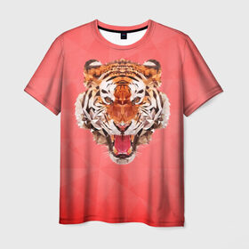 Мужская футболка 3D с принтом Полигональный Тигр , 100% полиэфир | прямой крой, круглый вырез горловины, длина до линии бедер | красный | полигоны | тигр