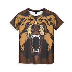 Женская футболка 3D с принтом Медведь , 100% полиэфир ( синтетическое хлопкоподобное полотно) | прямой крой, круглый вырез горловины, длина до линии бедер | animal | bear | beast | brown | face | fangs | head | taiga | teeth | wild | бурый | голова | дикий | животное | зверь | клыки | медведь | оскал | тайга