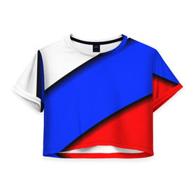 Женская футболка 3D укороченная с принтом Российский флаг , 100% полиэстер | круглая горловина, длина футболки до линии талии, рукава с отворотами | косой | наклонный | триколор