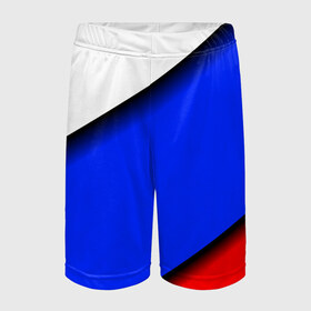 Детские спортивные шорты 3D с принтом Российский флаг ,  100% полиэстер
 | пояс оформлен широкой мягкой резинкой, ткань тянется
 | косой | наклонный | триколор
