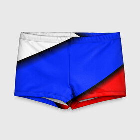 Детские купальные плавки 3D с принтом Российский флаг , Полиэстер 85%, Спандекс 15% | Слитный крой, подклад по переду изделия, узкие бретели | Тематика изображения на принте: косой | наклонный | триколор