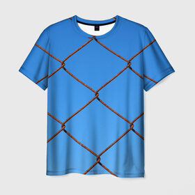 Мужская футболка 3D с принтом Крупная сетка , 100% полиэфир | прямой крой, круглый вырез горловины, длина до линии бедер | забор | небо | проволка | сетка