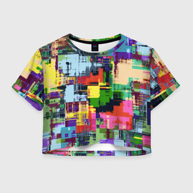 Женская футболка 3D укороченная с принтом Взрыв красок , 100% полиэстер | круглая горловина, длина футболки до линии талии, рукава с отворотами | абстракция | краски | радуга | узор | цвета