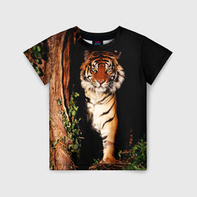 Детская футболка 3D с принтом Тигр , 100% гипоаллергенный полиэфир | прямой крой, круглый вырез горловины, длина до линии бедер, чуть спущенное плечо, ткань немного тянется | дикая кошка | лес | природа | тигр | хищник