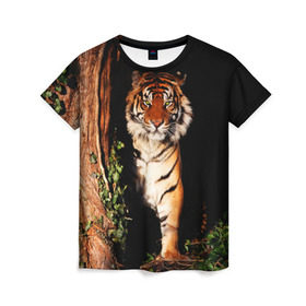 Женская футболка 3D с принтом Тигр , 100% полиэфир ( синтетическое хлопкоподобное полотно) | прямой крой, круглый вырез горловины, длина до линии бедер | дикая кошка | лес | природа | тигр | хищник
