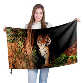 Флаг 3D с принтом Тигр , 100% полиэстер | плотность ткани — 95 г/м2, размер — 67 х 109 см. Принт наносится с одной стороны | Тематика изображения на принте: дикая кошка | лес | природа | тигр | хищник