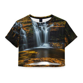 Женская футболка 3D укороченная с принтом Водопад , 100% полиэстер | круглая горловина, длина футболки до линии талии, рукава с отворотами | вода | лес | пейзаж | природа