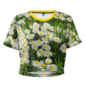 Женская футболка 3D укороченная с принтом Ромашки 2 , 100% полиэстер | круглая горловина, длина футболки до линии талии, рукава с отворотами | лепестки | прикольные картинки | ромашки | цветочки | цветы