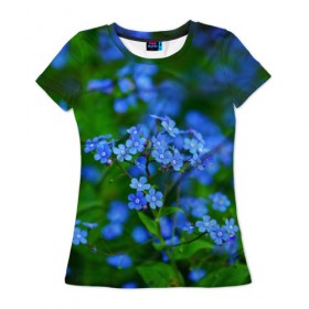 Женская футболка 3D с принтом Синие цветы , 100% полиэфир ( синтетическое хлопкоподобное полотно) | прямой крой, круглый вырез горловины, длина до линии бедер | лепестки | прикольные картинки | цветочки | цветы