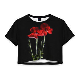 Женская футболка 3D укороченная с принтом Маки , 100% полиэстер | круглая горловина, длина футболки до линии талии, рукава с отворотами | background | black | flowers | poppies | poppy | red | wild | красные | мак | маки | полевые | фон | цветы | черный