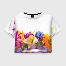 Женская футболка 3D укороченная с принтом Среди цветов , 100% полиэстер | круглая горловина, длина футболки до линии талии, рукава с отворотами | аромат | букет | вазон | великолепие | краски | красота | куст | луг | полевые цветы | полянка | природа | растения | украшение | фауна | цветник | цветы