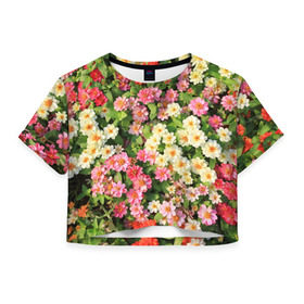 Женская футболка 3D укороченная с принтом Весеннее настроение , 100% полиэстер | круглая горловина, длина футболки до линии талии, рукава с отворотами | аромат | букет | вазон | великолепие | краски | красота | куст | луг | полевые цветы | полянка | природа | растения | розы | ромашки | тюльпаны | украшение | фауна | цветник | цветок | цветочек | цветы