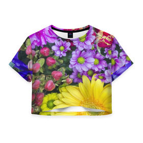 Женская футболка 3D укороченная с принтом Роскошные цветы , 100% полиэстер | круглая горловина, длина футболки до линии талии, рукава с отворотами | аромат | астры | букет | вазон | великолепие | гвоздики | гиацинт | гортензия | калла | краски | красота | куст | лилия | орхидея | пион | подсолнух | полевые цветы | природа | растения | розы | ромашки