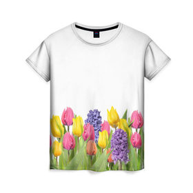 Женская футболка 3D с принтом Среди тюльпанов , 100% полиэфир ( синтетическое хлопкоподобное полотно) | прямой крой, круглый вырез горловины, длина до линии бедер | 