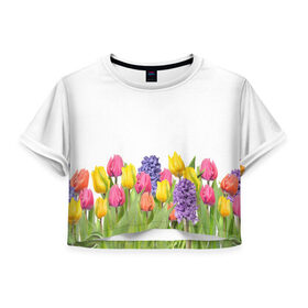 Женская футболка 3D укороченная с принтом Среди тюльпанов , 100% полиэстер | круглая горловина, длина футболки до линии талии, рукава с отворотами | 