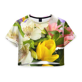 Женская футболка 3D укороченная с принтом Красивый букет , 100% полиэстер | круглая горловина, длина футболки до линии талии, рукава с отворотами | аромат | астры | букет | вазон | великолепие | гвоздики | гиацинт | гортензия | калла | краски | красота | куст | лилия | орхидея | пион | подсолнух | полевые цветы | природа | растения | розы | ромашки