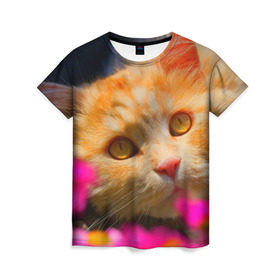 Женская футболка 3D с принтом Кошечка , 100% полиэфир ( синтетическое хлопкоподобное полотно) | прямой крой, круглый вырез горловины, длина до линии бедер | животные | кот | кошка | милая | рыжий