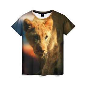 Женская футболка 3D с принтом Львица , 100% полиэфир ( синтетическое хлопкоподобное полотно) | прямой крой, круглый вырез горловины, длина до линии бедер | lion | голова животного | дикая кошка | кот | лев | цвет