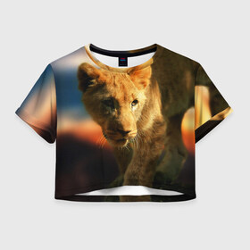 Женская футболка 3D укороченная с принтом Львица , 100% полиэстер | круглая горловина, длина футболки до линии талии, рукава с отворотами | lion | голова животного | дикая кошка | кот | лев | цвет