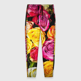 Мужские брюки 3D с принтом Букет роз , 100% полиэстер | манжеты по низу, эластичный пояс регулируется шнурком, по бокам два кармана без застежек, внутренняя часть кармана из мелкой сетки | жёлтый | красный | лепестки | прикольные картинки | розы | цветочки | цветы