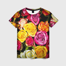 Женская футболка 3D с принтом Букет роз , 100% полиэфир ( синтетическое хлопкоподобное полотно) | прямой крой, круглый вырез горловины, длина до линии бедер | жёлтый | красный | лепестки | прикольные картинки | розы | цветочки | цветы