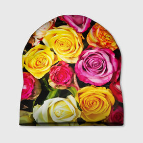 Шапка 3D с принтом Букет роз , 100% полиэстер | универсальный размер, печать по всей поверхности изделия | Тематика изображения на принте: жёлтый | красный | лепестки | прикольные картинки | розы | цветочки | цветы