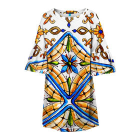 Детское платье 3D с принтом Майолика 4 , 100% полиэстер | прямой силуэт, чуть расширенный к низу. Круглая горловина, на рукавах — воланы | dg | dolce | dolce  gabana | dolce  gabbana | dolce gabbana | maiolica | majolica | trend | барселона | дольче | дольче габана | дольче габбана | керамика | майолика | мода | модный принт | мозаика | мозайка | плитка | роспись | тренд