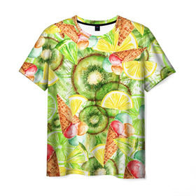 Мужская футболка 3D с принтом Веселые фрукты 2 , 100% полиэфир | прямой крой, круглый вырез горловины, длина до линии бедер | апельсин | арбуз | банан | виноград | груша | киви | мороженое | овощи | питание | ппп | правильное | тайланд | фрукт | яблоко