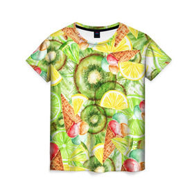 Женская футболка 3D с принтом Веселые фрукты 2 , 100% полиэфир ( синтетическое хлопкоподобное полотно) | прямой крой, круглый вырез горловины, длина до линии бедер | апельсин | арбуз | банан | виноград | груша | киви | мороженое | овощи | питание | ппп | правильное | тайланд | фрукт | яблоко