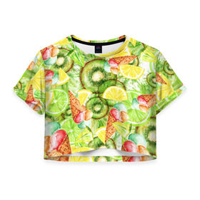 Женская футболка 3D укороченная с принтом Веселые фрукты 2 , 100% полиэстер | круглая горловина, длина футболки до линии талии, рукава с отворотами | апельсин | арбуз | банан | виноград | груша | киви | мороженое | овощи | питание | ппп | правильное | тайланд | фрукт | яблоко