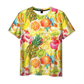 Мужская футболка 3D с принтом Веселые фрукты 1 , 100% полиэфир | прямой крой, круглый вырез горловины, длина до линии бедер | апельсин | арбуз | банан | виноград | груша | киви | овощи | питание | ппп | правильное | тайланд | фрукт | яблоко